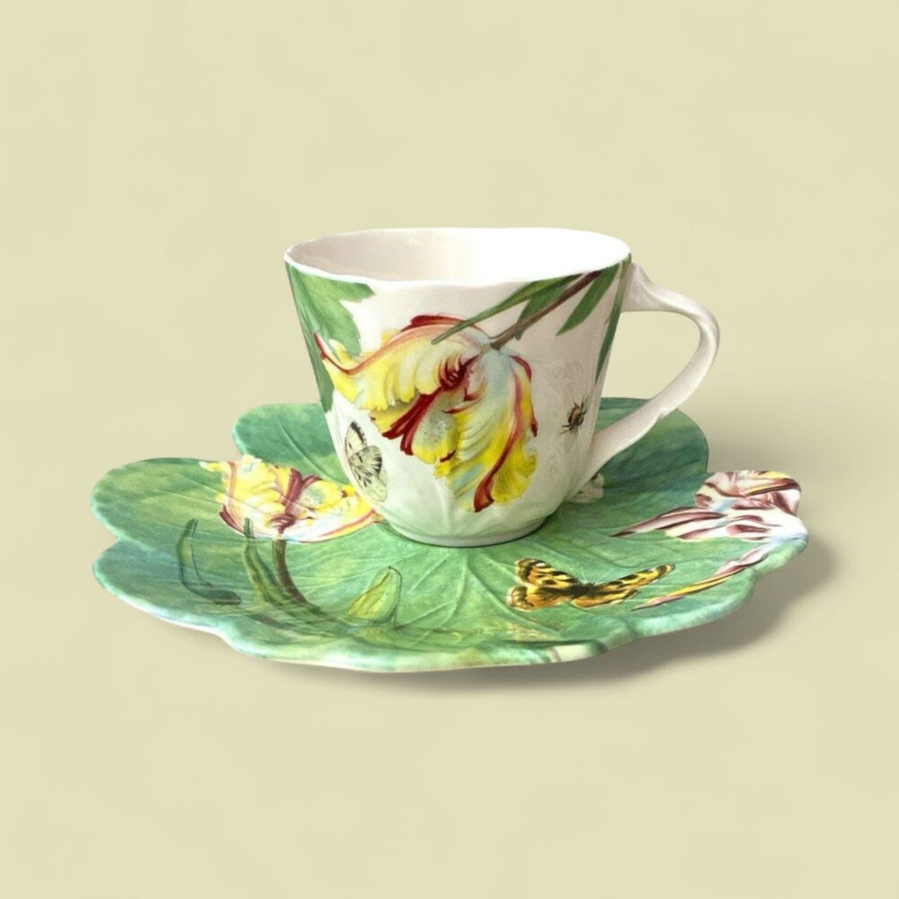 Spode Floral Haven Cup & Saucer Set Scalloped Butterfly Bee England Vintage